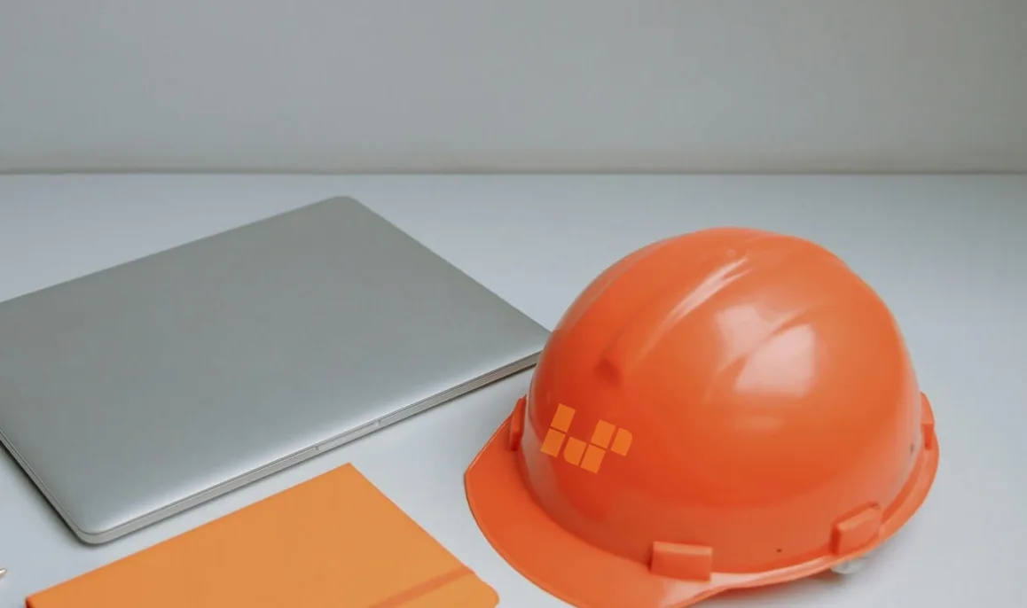 Capacete de obra laranja com o símbolo da HS Engenharias, ao lado de um portátil e de um caderno